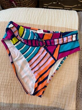NWOT Trina Turk High Waisted Striped Geometric Bikini Bottom with Belt Accent 10